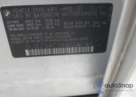 2011 BMW X5 xDrive35I/xDrive35I Premium/xDrive35I Sport Activity z USA, uszkodzony, nr VIN 5UXZV4C56BL740188